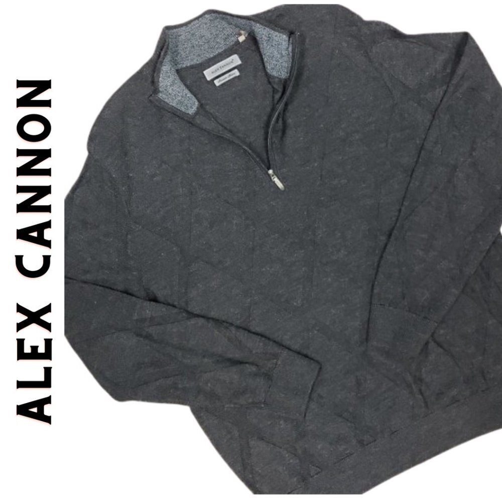 ALEX CANNON Men's 1/4 Zip Gray Argyle Wool Sweater